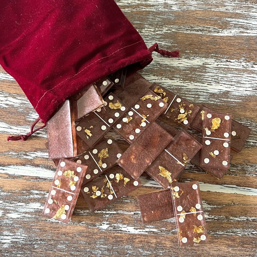 Mauve Gold Leaf Resin Dominoes Game with Velvet Bag 28 pieces Glitter Handmade E